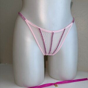 VS Shine Strap Triple Stripe Pink Mesh Thong S NWT